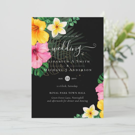トロピカルパラダイスビーチ結婚式鮮やか花模様 招待状 (スタンド正面)