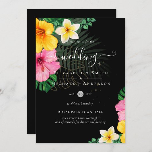 トロピカルパラダイスビーチ結婚式鮮やか花模様 招待状 (正面/裏面)