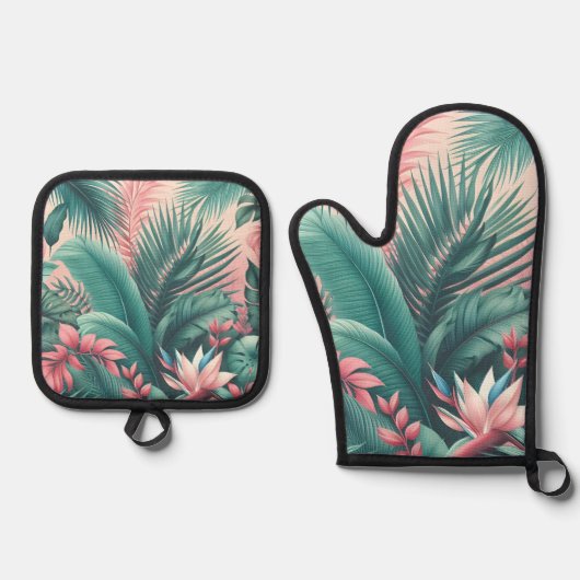 トロピカルパラダイスボタニカルパターン 鍋つかみ&鍋敷きセット (正面)