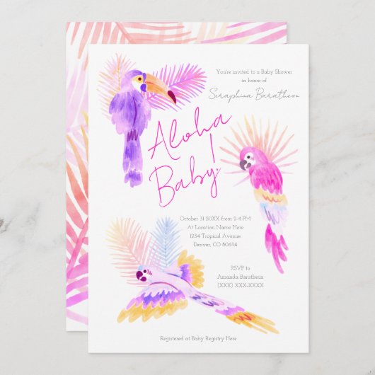 トロピカルパロガーリーッツハワイアンアロハベビーシャワー 招待状 (正面/裏面)