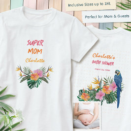 トロピカルパロットバックプリントベビーシャワー SUPER MOM Tシャツ