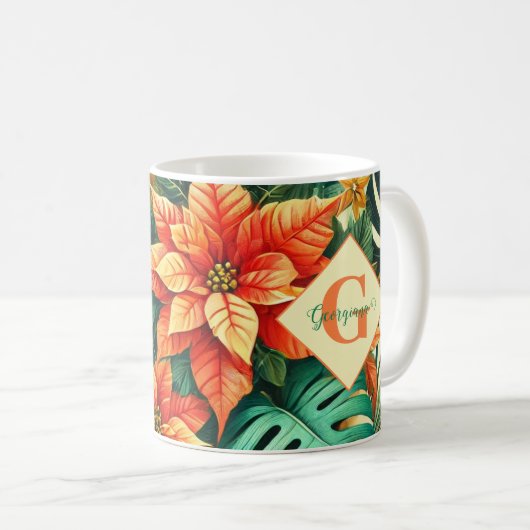 トロピカルパーソナライズされた鮮やかクリスマスポインセチア コーヒーマグカップ (正面右)