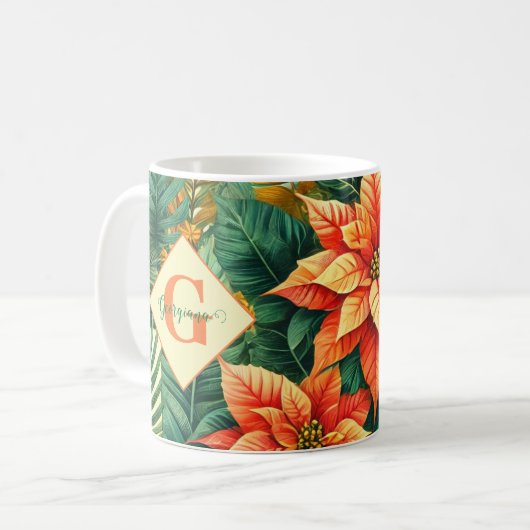 トロピカルパーソナライズされた鮮やかクリスマスポインセチア コーヒーマグカップ (正面左)