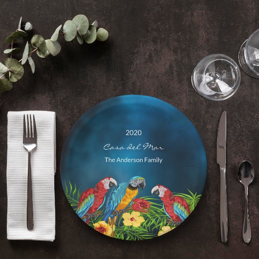 トロピカルパーティーブルーのパロットハウスの家名 ペーパープレート