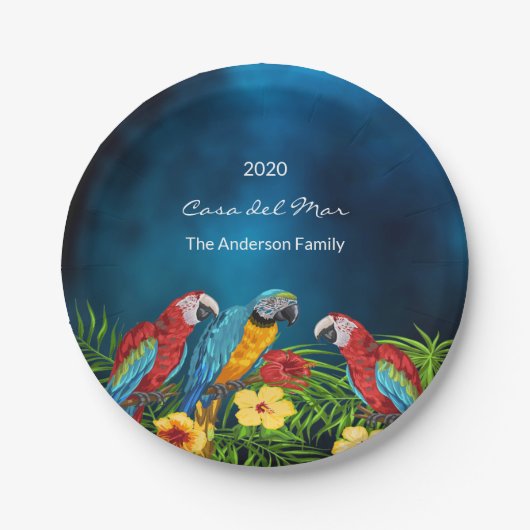 トロピカルパーティーブルーのパロットハウスの家名 ペーパープレート (正面)