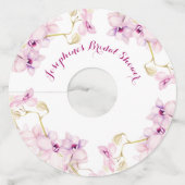 トロピカルパープルオーキッドパーソナライズされたブライダルシャワー ワイングラスタグ (正面)