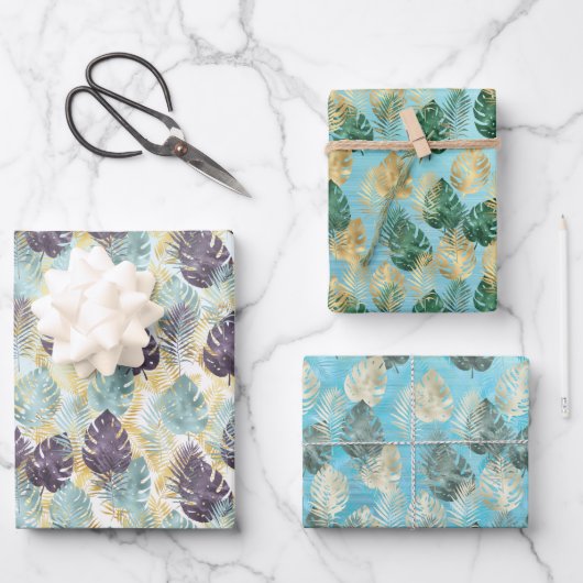 トロピカルパープルグリーン離れ金ゴールド ラッピングペーパーシート (正面)