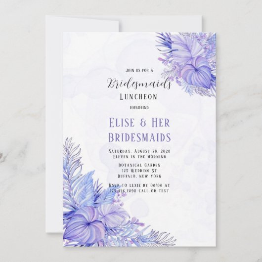 トロピカルパープルブルーパームリーフブリデスメイドランチョン 招待状 (正面)