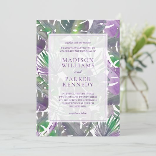 トロピカルパープル結婚ウォーターカラー 招待状 (スタンド正面)