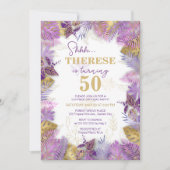 トロピカルパープル金ゴールドサプライズ50誕生日 招待状 (正面)