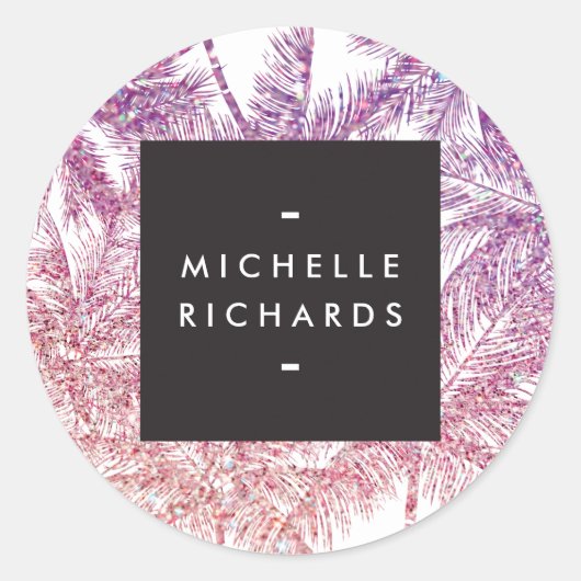 トロピカルパープル/ピンクグリッターパームステッカー ラウンドシール (正面)
