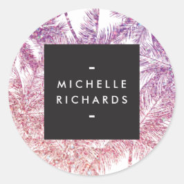 トロピカルパープル/ピンクグリッターパームステッカー ラウンドシール