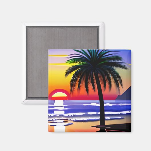 トロピカルパームかわいらしの木と夕日 マグネット (正面/裏面)