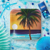 トロピカルパームかわいらしツリーと海サンセット ペーパープレート (パーティー)