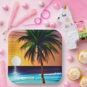 トロピカルパームかわいらしツリーと海サンセット ペーパープレート (パーティー)