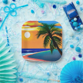 トロピカルパームかわいらしツリーと海サンセット ペーパープレート (パーティー)