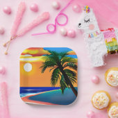 トロピカルパームかわいらしツリーと海サンセット ペーパープレート (パーティー)