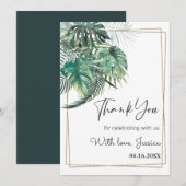 トロピカルパームのグリーンとゴールドフレームのウェディングシャワー サンキューカード (正面/裏面)