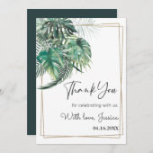 トロピカルパームのグリーンゴールドフレーム ブライダルシャワー サンキューカード (正面/裏面)