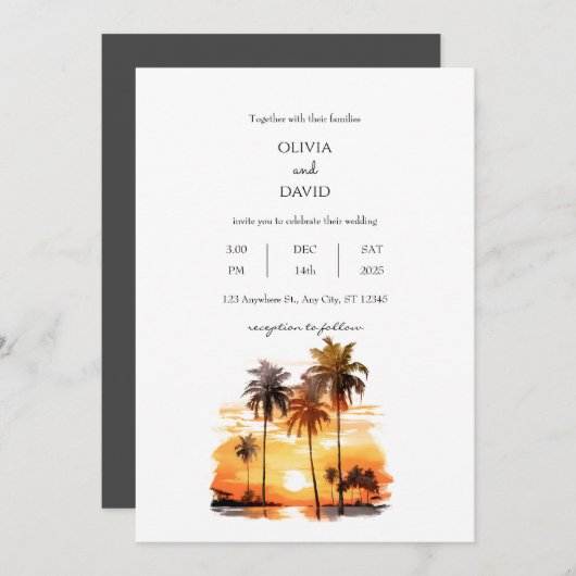 トロピカルパームの木々とビーチサンセット結婚に対して 招待状 (正面/裏面)