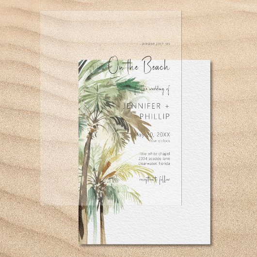 トロピカルパームの木がビーチモダンの結婚上 ベラム紙招待状