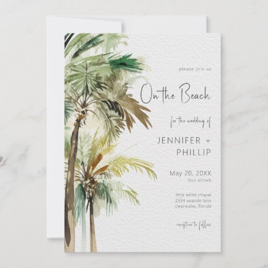 トロピカルパームの木がビーチモダンの結婚上 招待状 (正面)