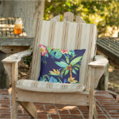 トロピカルパームの木とフローラ水彩ネイビーブルー アウトドアクッション (椅子)