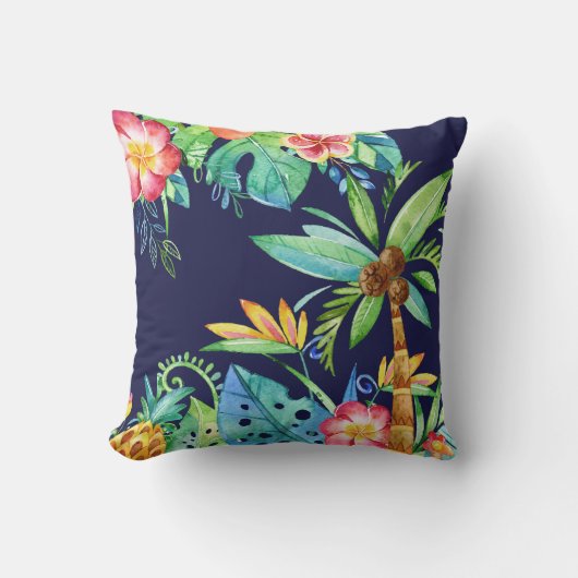 トロピカルパームの木とフローラ水彩ネイビーブルー アウトドアクッション (正面)