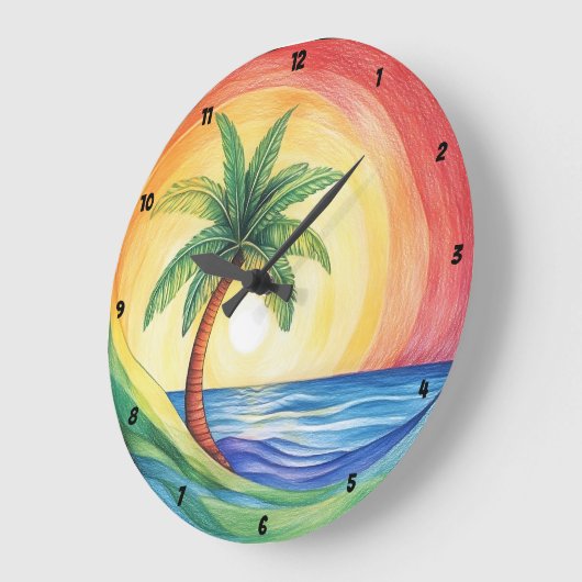 トロピカルパームの木と海インスパイアのアートワーク ラージ壁時計 (傾斜)