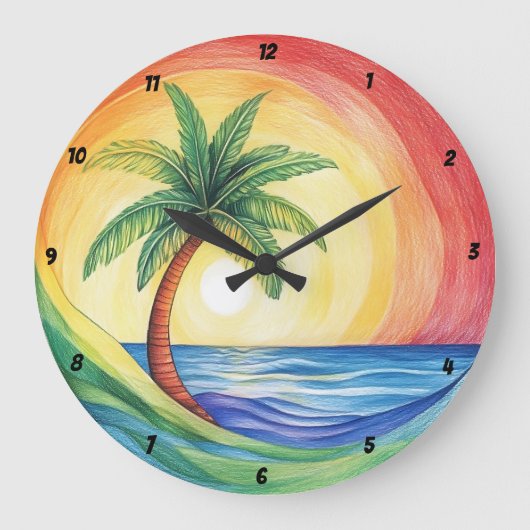 トロピカルパームの木と海インスパイアのアートワーク ラージ壁時計 (正面)