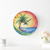 トロピカルパームの木と海インスパイアのアートワーク ラージ壁時計 (ホーム)