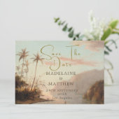 トロピカルパームの木のビンテージ結婚式の日付を保存 セーブザデート (スタンド正面)