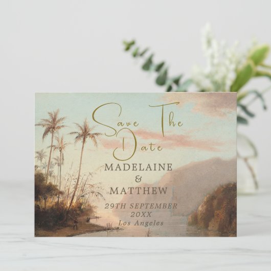 トロピカルパームの木のビンテージ結婚式の日付を保存 セーブザデート (スタンド正面)