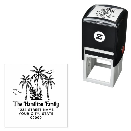トロピカルパームの木、カモメの家族の名前アドレスSQ セルフインキングスタンプ (インサイチュ)