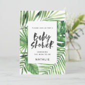 トロピカルパームの葉とスクリプトのベイビーシャワー招待状 セーブザデート (スタンド正面)