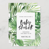 トロピカルパームの葉とスクリプトのベイビーシャワー招待状 セーブザデート (正面/裏面)