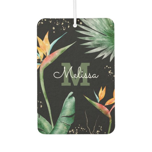 トロピカルパームの葉のモノグラム金ゴールドブラックスクリプト カーエアーフレッシュナー (正面)