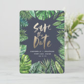 トロピカルパームの葉の茂みとゴールドのスクリプト セーブザデート (スタンド正面)