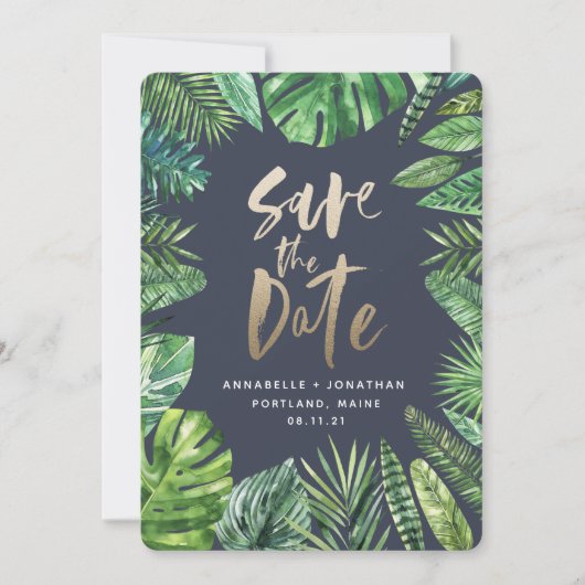 トロピカルパームの葉の茂みとゴールドのスクリプト セーブザデート (正面)