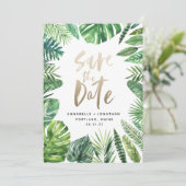 トロピカルパームの葉の装飾とゴールドの筆記体 セーブザデート (スタンド正面)