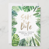 トロピカルパームの葉の装飾とゴールドの筆記体 セーブザデート (正面)