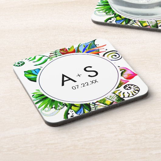 トロピカルパームはっきりしたリーフリースズ結婚モノグラム コースター (左側)