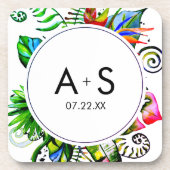 トロピカルパームはっきりしたリーフリースズ結婚モノグラム コースター (正面)