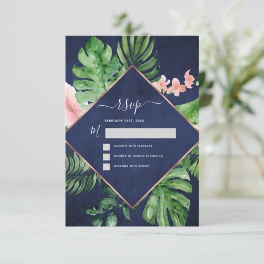トロピカルパームウォーターカラーネイビーブルーウェディングRSVP 招待状 (スタンド正面)