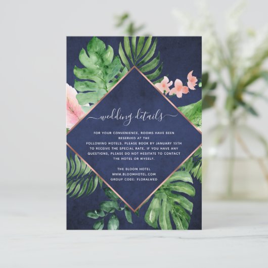 トロピカルパームウォーターカラーネイビーブルー結婚ズ詳細 招待状 (スタンド正面)