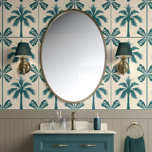 トロピカルパームエスケープ – 緑，ベージュ – 沿岸 壁紙 (Vibrant Cabana Peel and Stick Wallpaper )