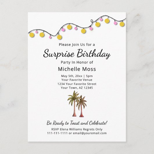 トロピカルパームエレガントツリーズ大人誕生日 インビテーションポストカード (正面)