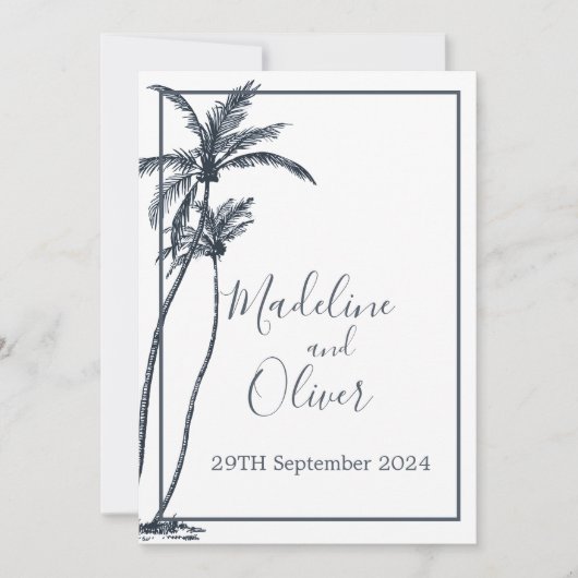 トロピカルパームエレガントツリーブルー結婚ホワイト 招待状 (正面)
