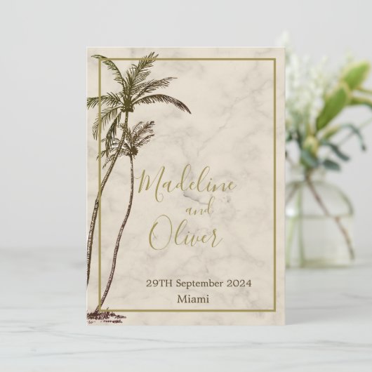 トロピカルパームエレガントモダン素朴の木結婚の 招待状 (スタンド正面)
