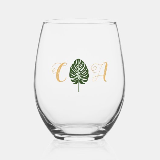 トロピカルパームエレガントリーフモノグラムビーチ結婚式 ステムなしワイングラス (正面)